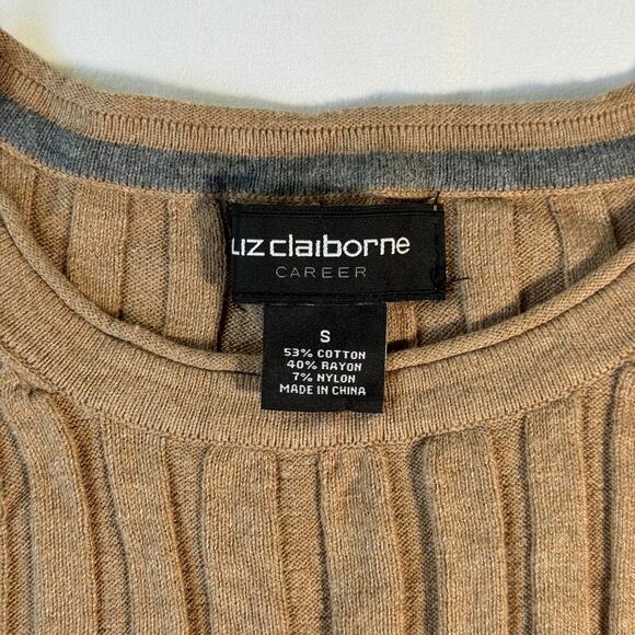 Y2K Liz Claiborne Career Tan Ribbed Knit Sweater Top Sz SM Gold Shoulder Button - Picture 2 of 7